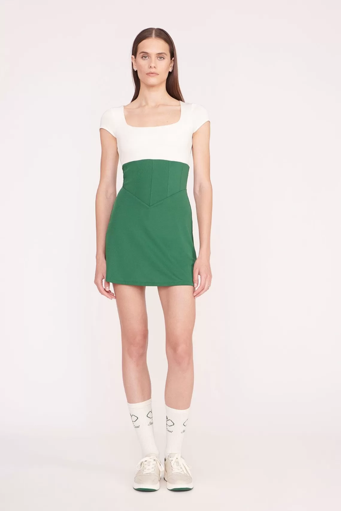 STAUD BACKSPIN DRESS  COURT GREEN IVORY