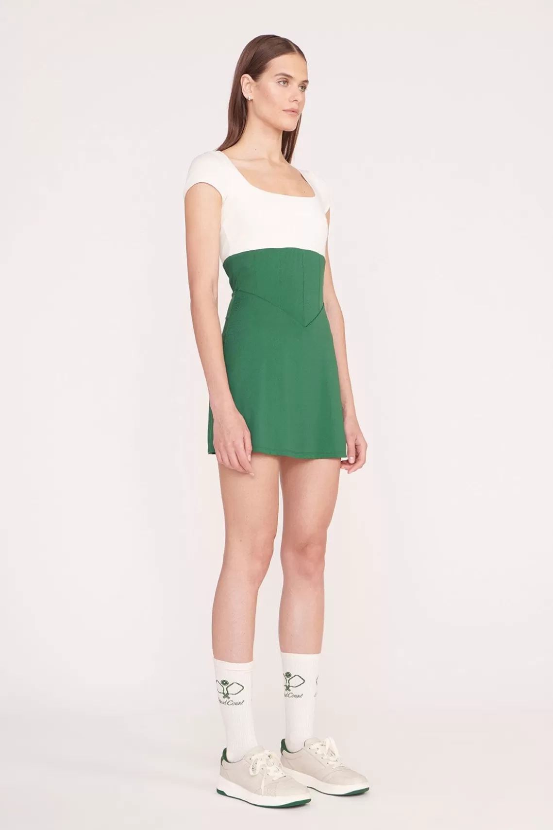 STAUD BACKSPIN DRESS  COURT GREEN IVORY