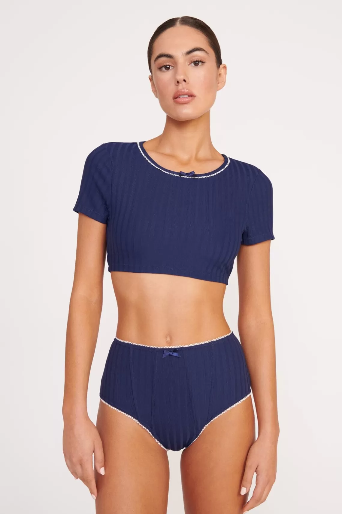 STAUD BRENTON HIGH RISE BIKINI BOTTOM  NAVY WHITE