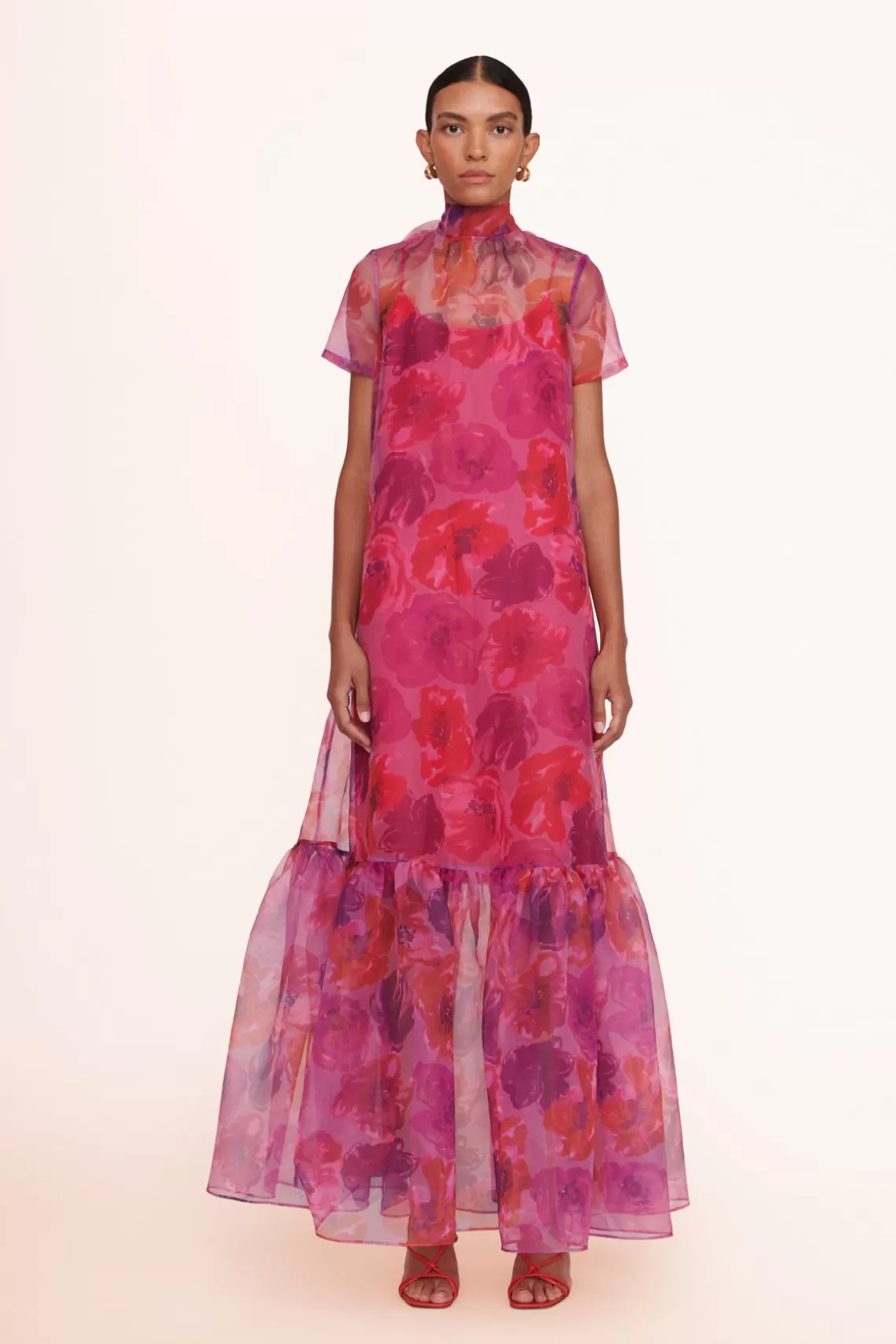 STAUD CALLUNA DRESS  MAGENTA PAINTED FLORAL