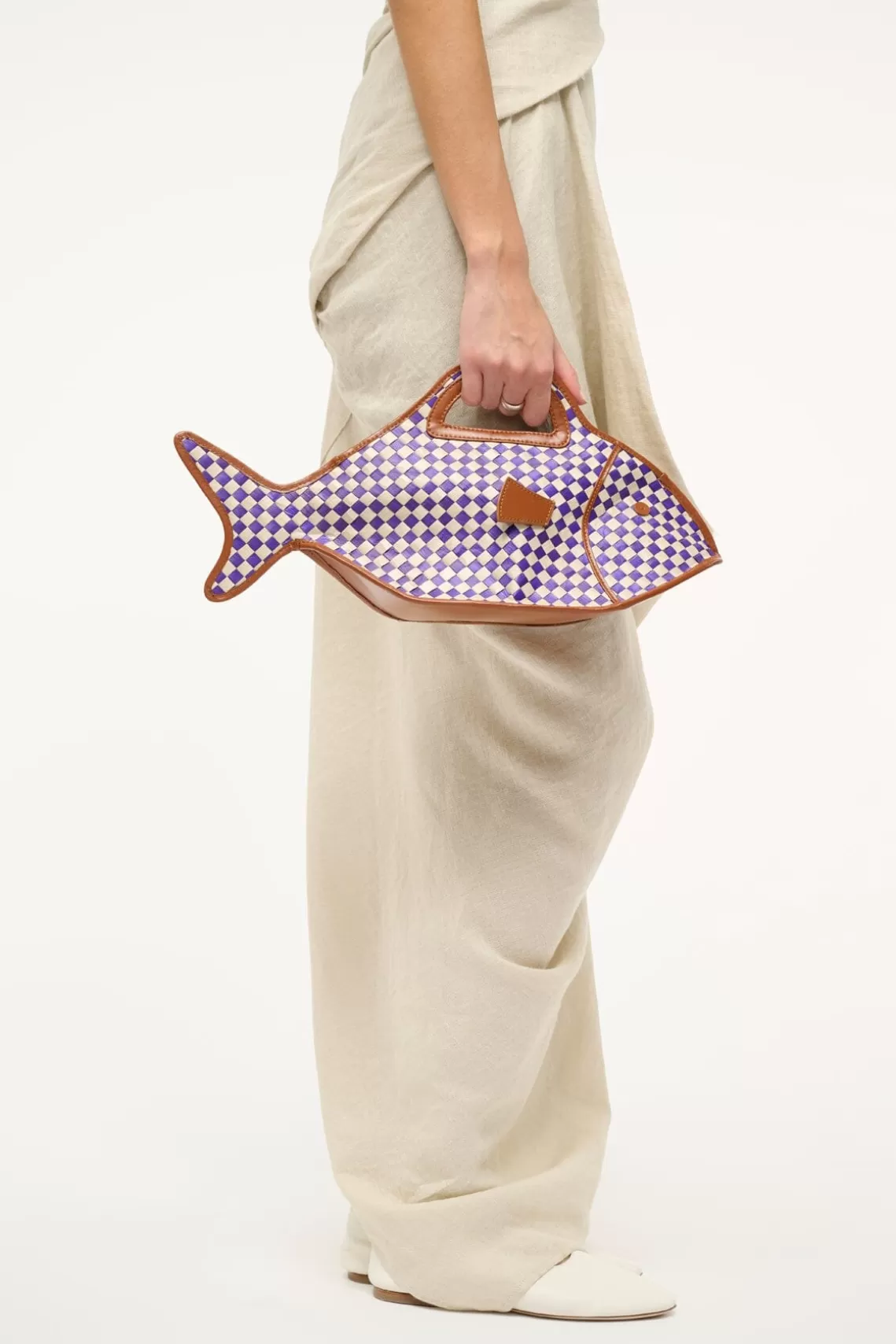 STAUD CLEO FISH BASKET BAG  COCONUT CHECK