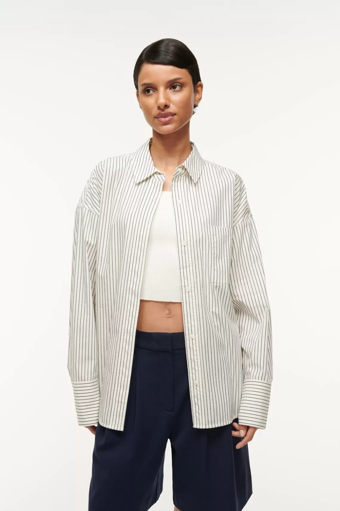 STAUD COLTON SHIRT  IVORY MICRO STRIPE