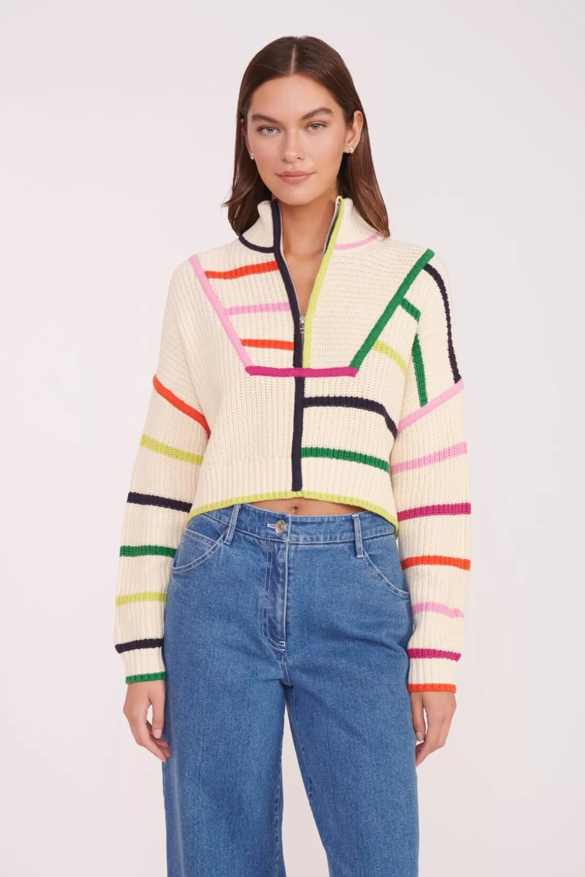 STAUD CROPPED HAMPTON SWEATER  CREAM RAINBOW MULTI