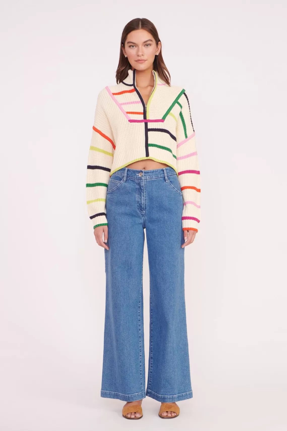 STAUD CROPPED HAMPTON SWEATER  CREAM RAINBOW MULTI