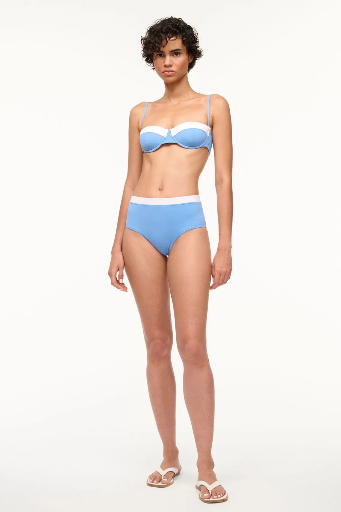 STAUD DEVON HIGH RISE BIKINI BOTTOM  AZURE WHITE