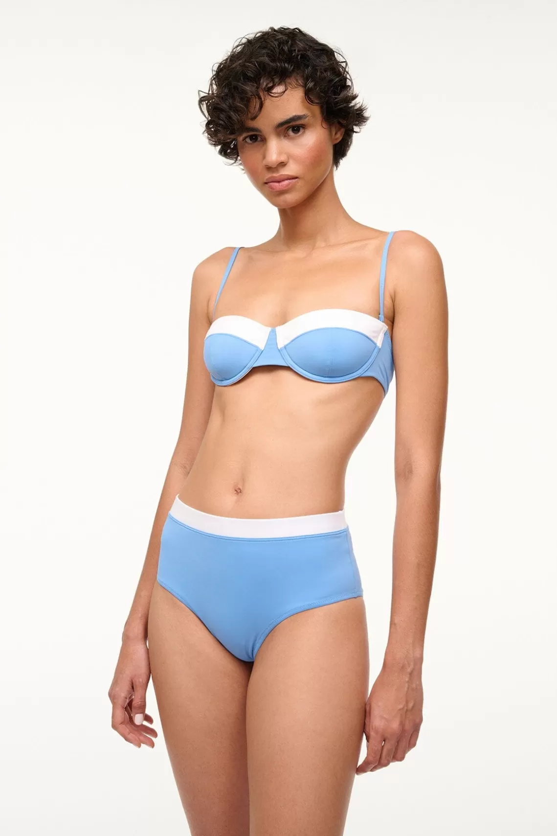 STAUD DEVON HIGH RISE BIKINI BOTTOM  AZURE WHITE