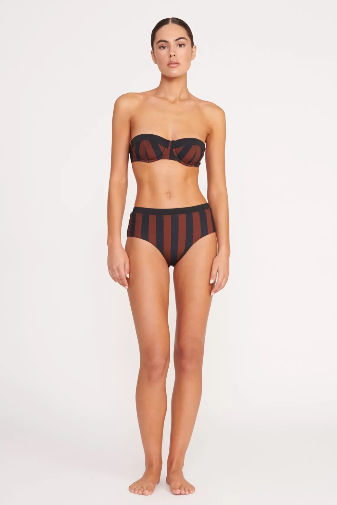 STAUD DEVON HIGH RISE BIKINI BOTTOM  BLACK TAN SEASHORE STRIPE