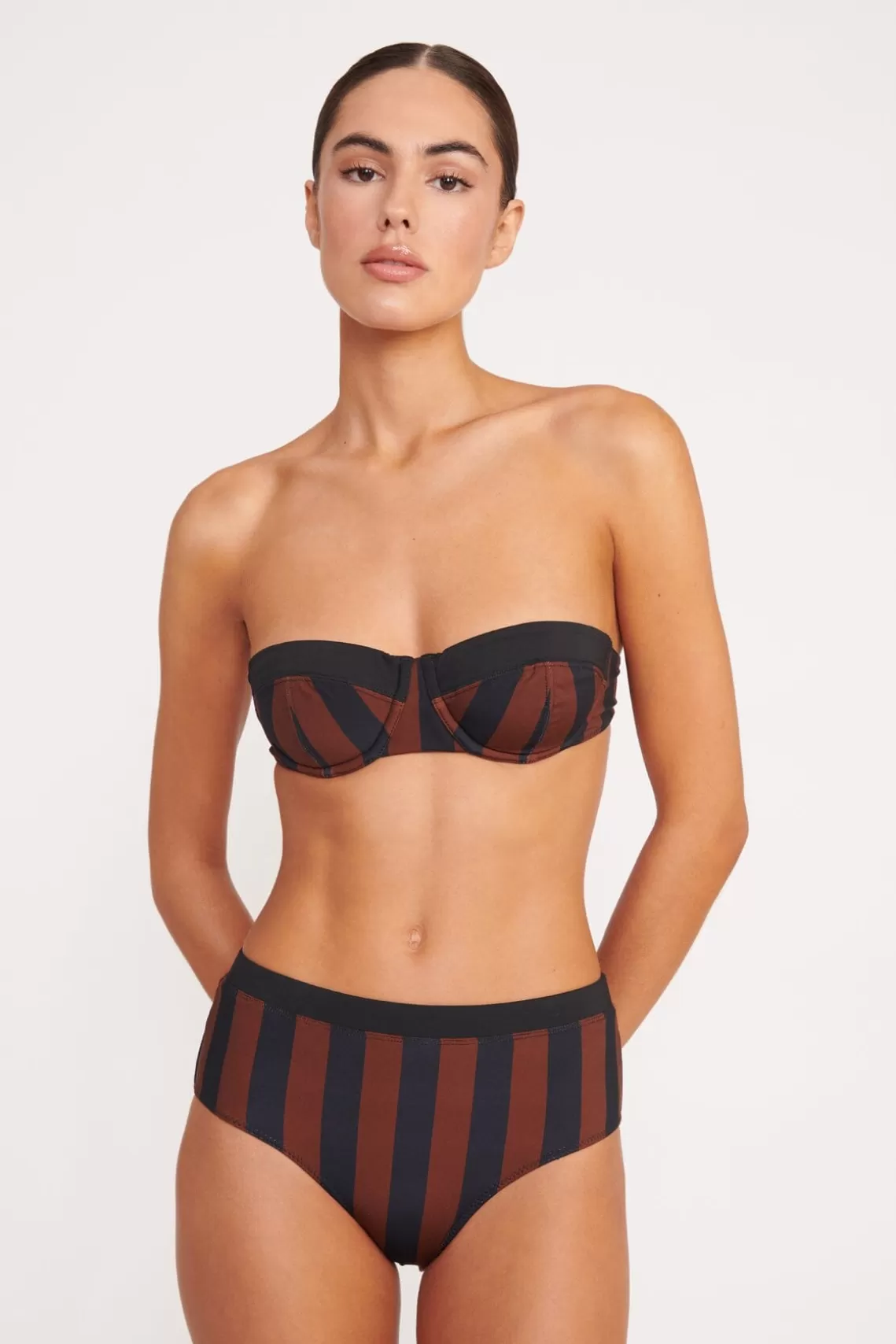 STAUD DEVON HIGH RISE BIKINI BOTTOM  BLACK TAN SEASHORE STRIPE