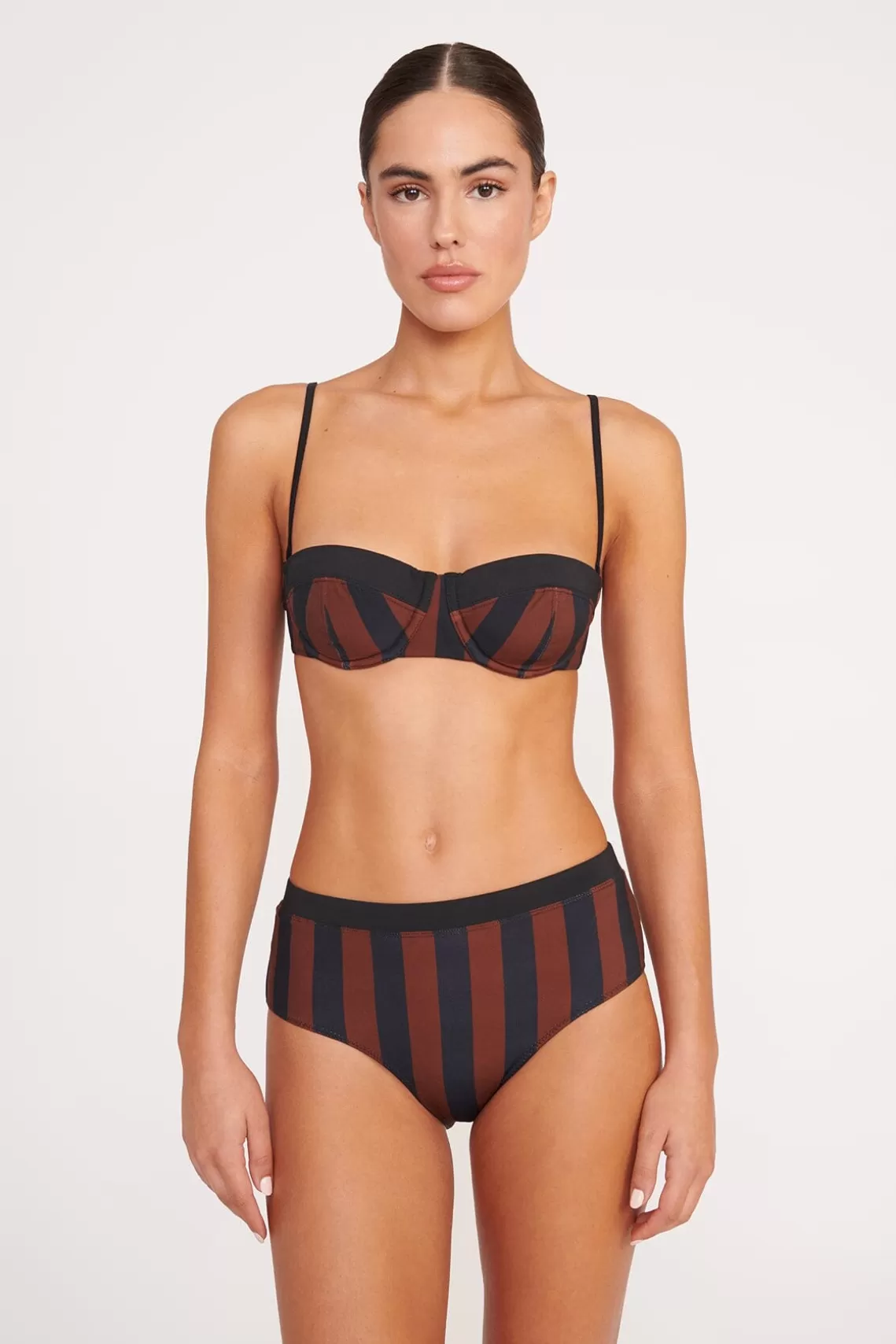 STAUD JO BALCONETTE BIKINI TOP  BLACK TAN SEASHORE STRIPE