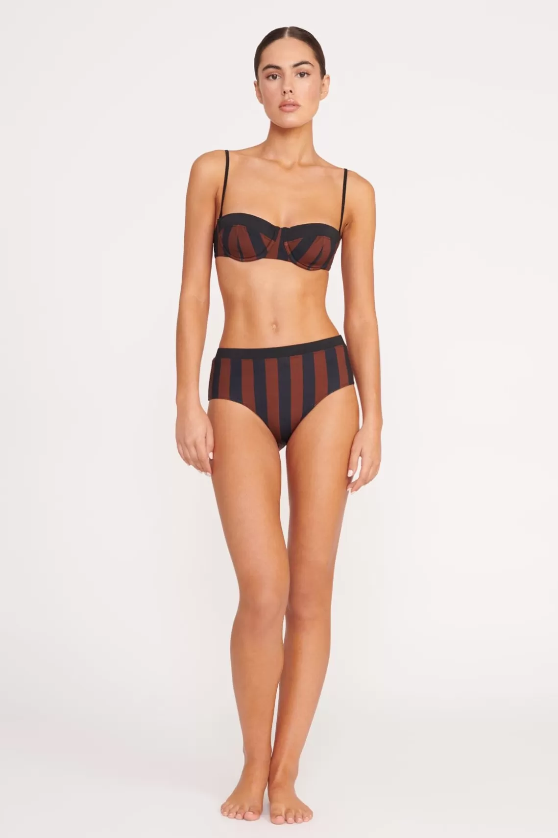 STAUD JO BALCONETTE BIKINI TOP  BLACK TAN SEASHORE STRIPE