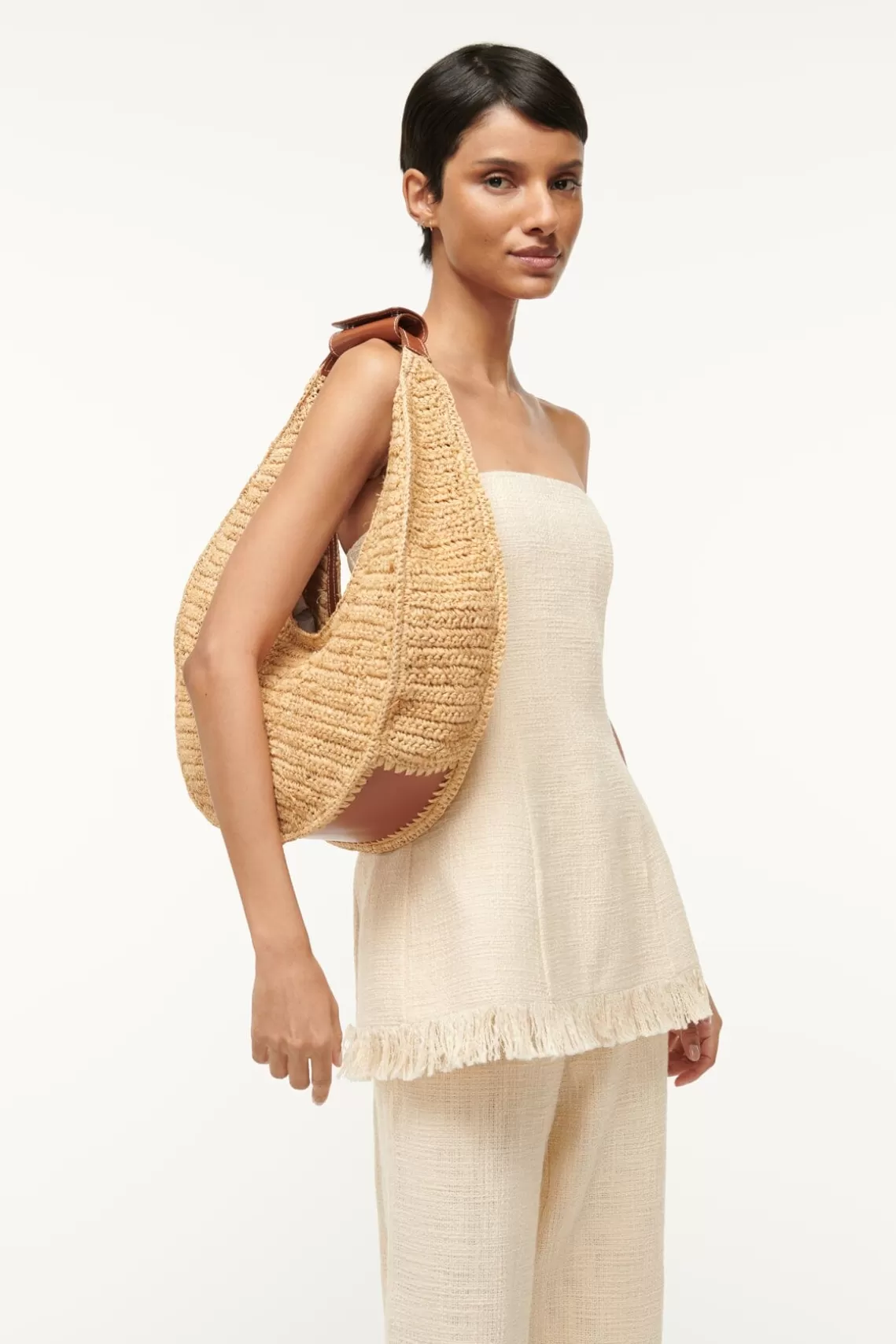 STAUD LARGE RAFFIA MOON BAG  NATURAL RAFFIA