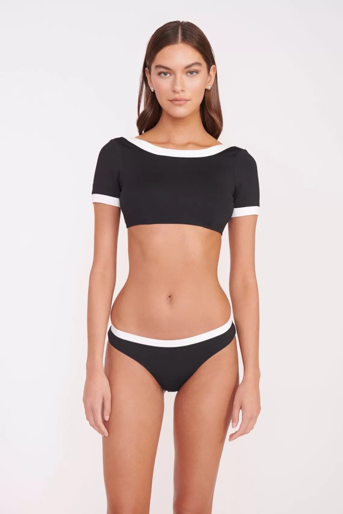 STAUD LILY SHORT SLEEVE BIKINI TOP  BLACK WHITE