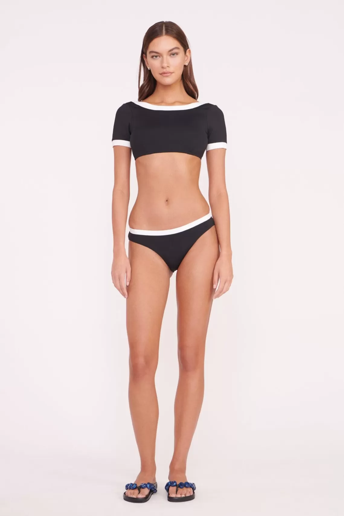 STAUD LILY SHORT SLEEVE BIKINI TOP  BLACK WHITE