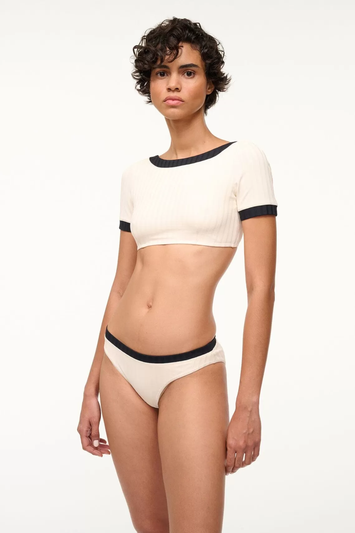 STAUD LILY SHORT SLEEVE BIKINI TOP  IVORY BLACK