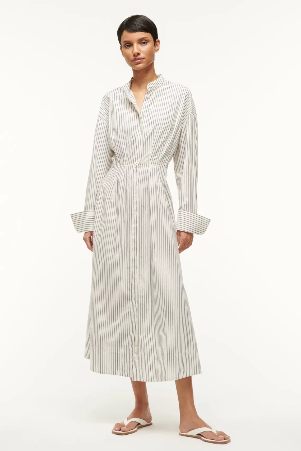 STAUD MIDI LORENZA DRESS  IVORY MICRO STRIPE