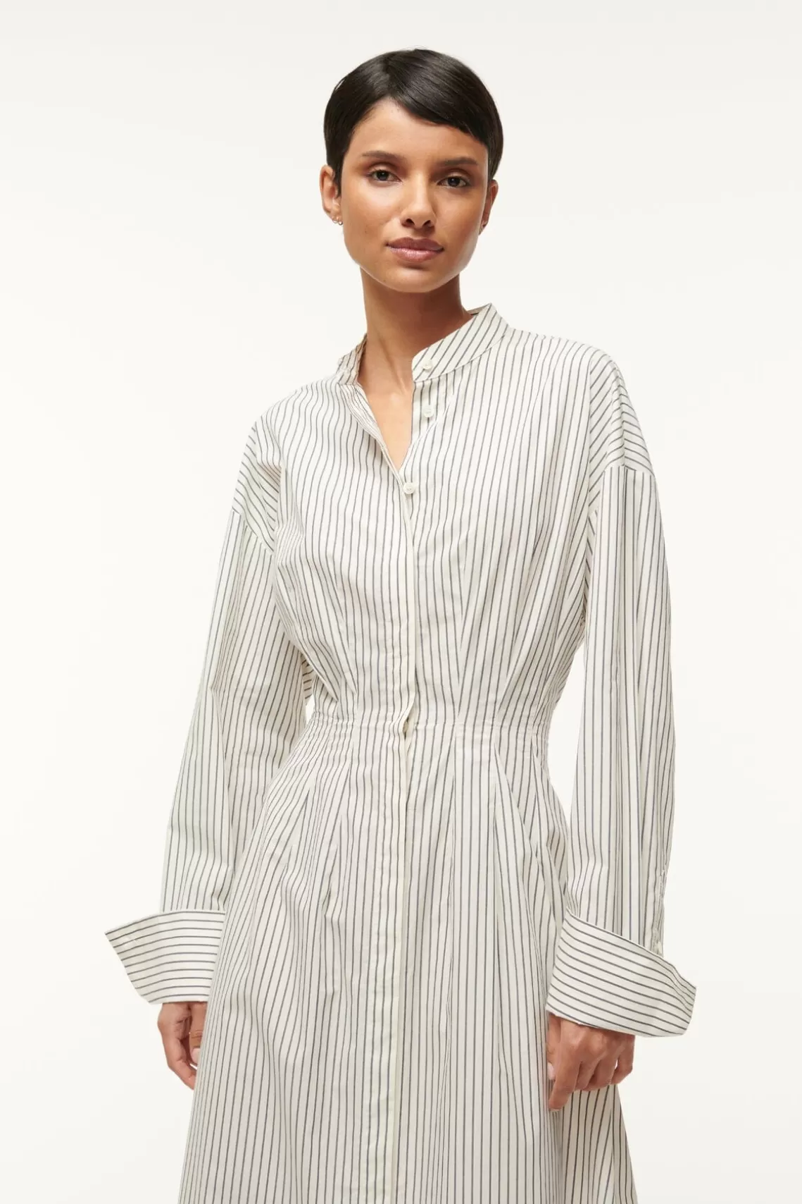 STAUD MIDI LORENZA DRESS  IVORY MICRO STRIPE