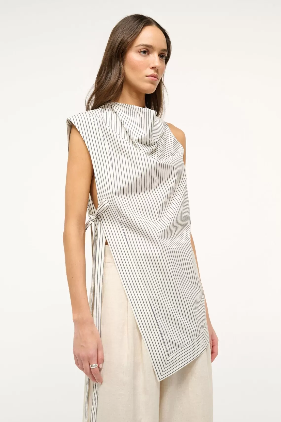 STAUD SAWYER TOP  IVORY MICRO STRIPE