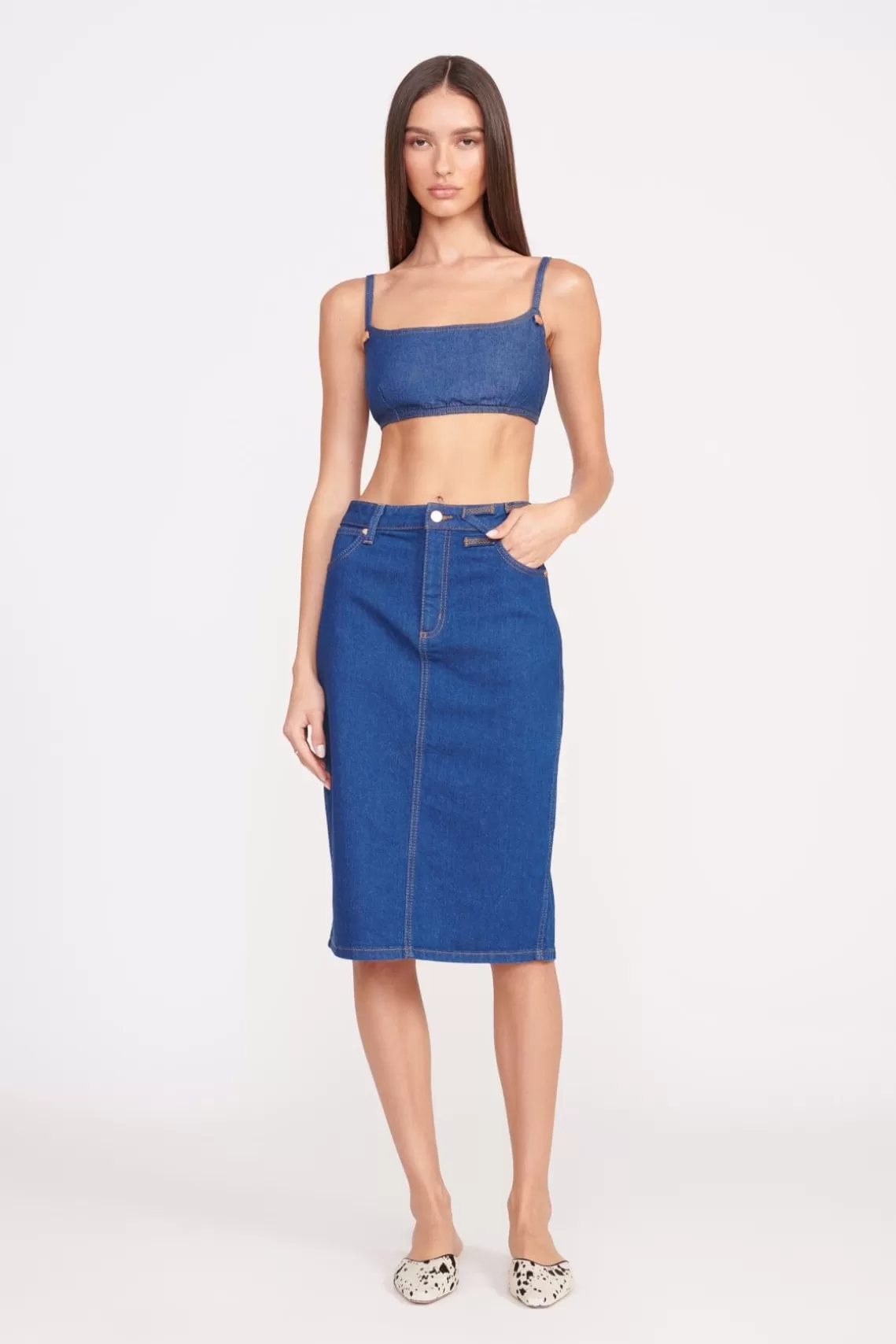 STAUD + WRANGLER THE PENCIL SKIRT  DARK RINSE