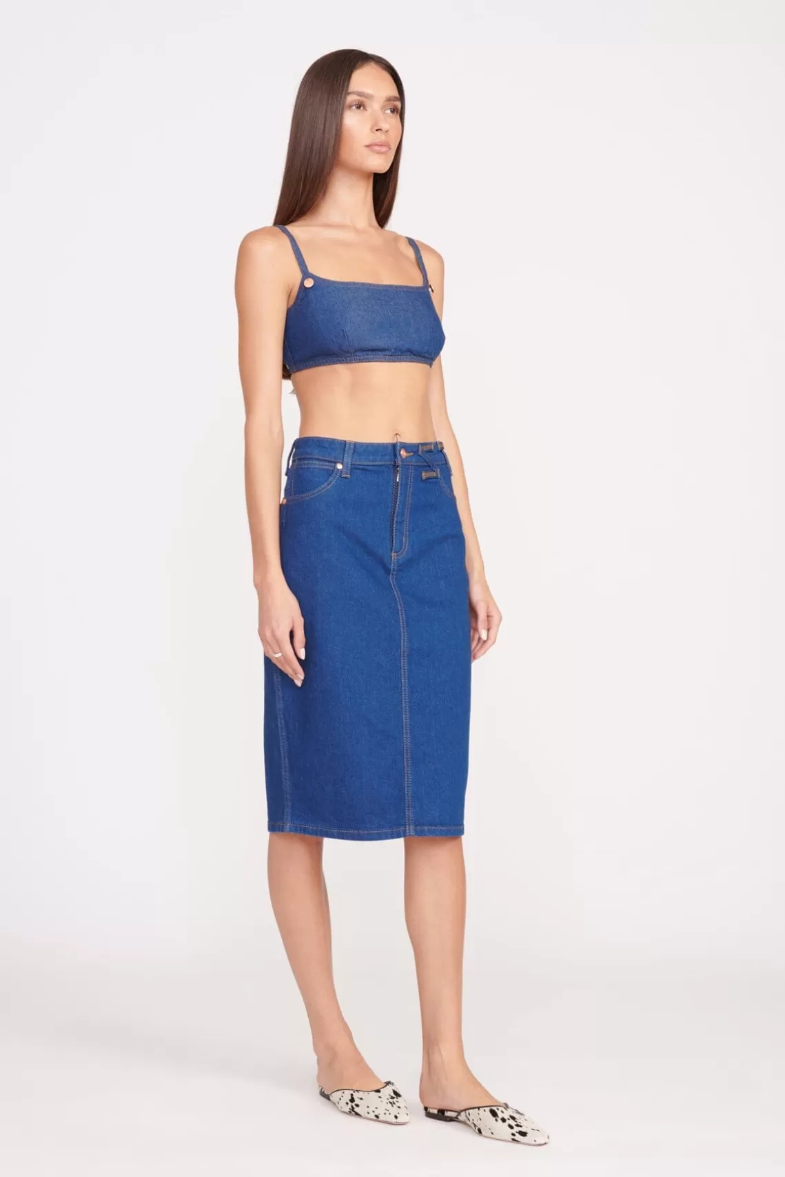 STAUD + WRANGLER THE PENCIL SKIRT  DARK RINSE